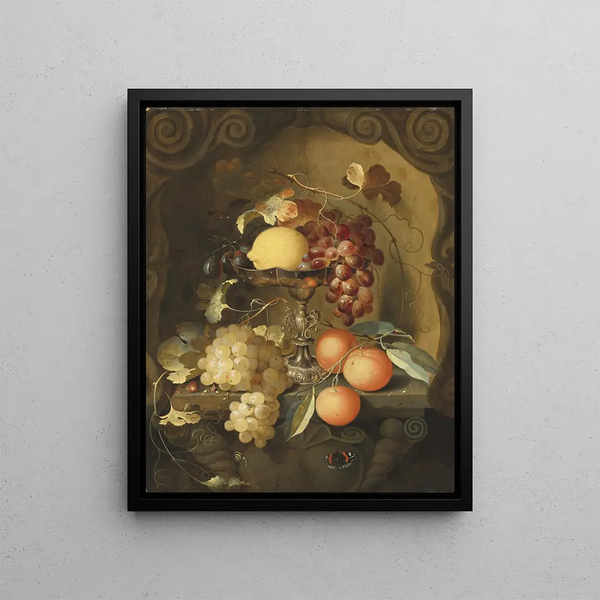 Laurens Craen - Grapes and a lemon on a tazza with oranges on a ledge in a sculpted stone niche.webp