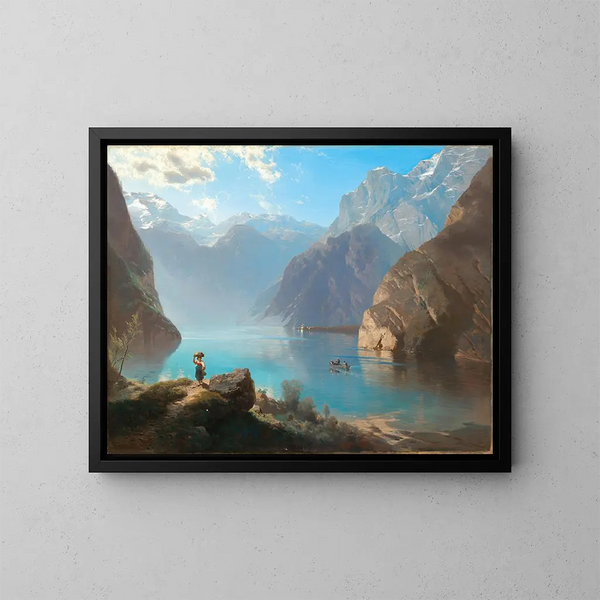 En scen vid Königssee med Saint Barthélemy - Leopold Heinrich Vöscher — inramlat konstverk på väggen