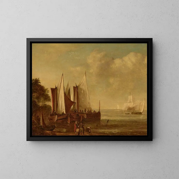 Segelbåtar till havs med figurer på kusten - Lieve Pietersz Verschuier — inramlat konstverk på väggen
