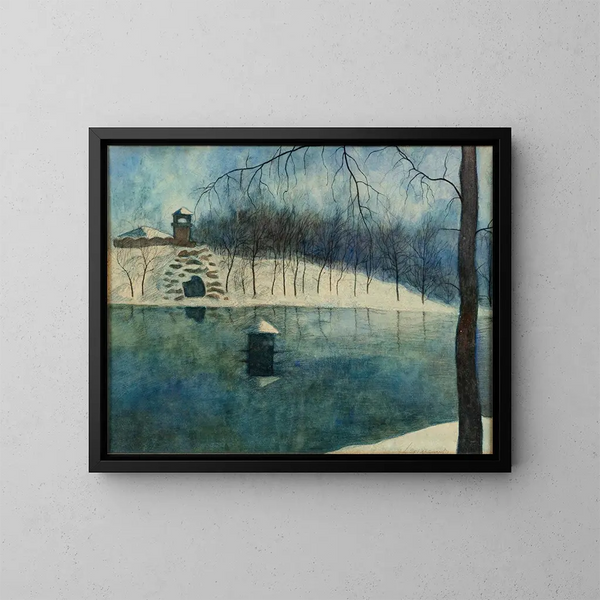 Le parc Léopold d'Ostende avec l'étang et le Trinkhall sous la neige - Léon Spilliaert — inramlat konstverk på väggen
