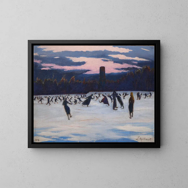 målningarna "Les Patineurs au parc Marie-Henriette à Ostende" av Léon Spilliaert — inramlat konstverk på väggen