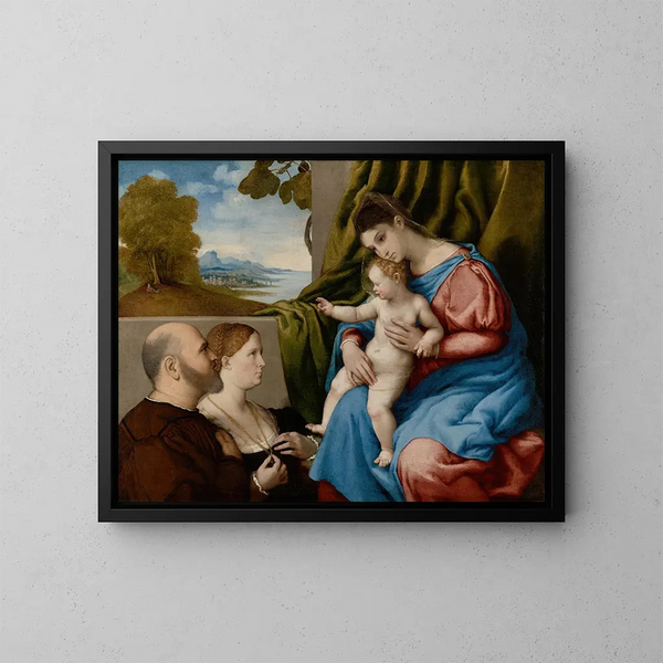 Jungfru Maria med barnet och två donatorer - Lorenzo Lotto — inramlat konstverk på väggen
