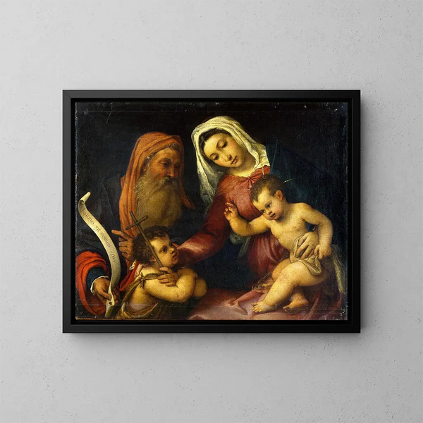 La Vierge et l'Enfant avec les saints Zacharie et Jean-Baptiste - Lorenzo Lotto — inramlat konstverk på väggen