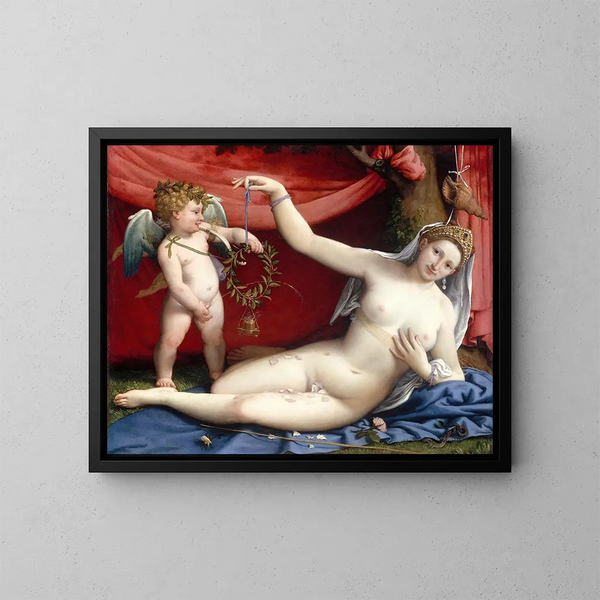 Venus och Cupido - Lorenzo Lotto — inramlat konstverk på väggen