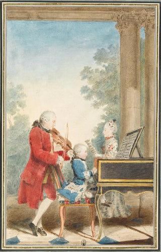 Louis Carrogis Carmontelle - Portrait de Wolfgang Amadeus Mozart Salzbourg 1756Vienne 1791 jouant Paris avec son pre JeanGeorgLopold et sa sur MariaAnna.webp