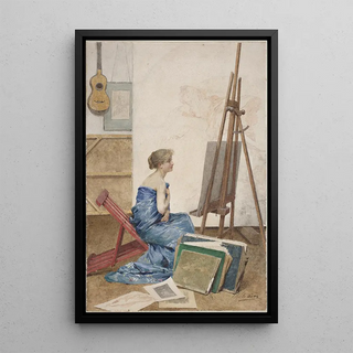 Louis Emile Adan - A Painters Studio with a Model Wrapped in Japanese Silk.webp