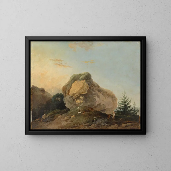 En kuperad landskap med en stor klippa och en herde och en herdinna med deras flock - Louis Gabriel Moreau — inramlat konstverk på väggen