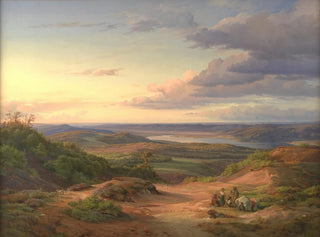 Ett landskap nära Himmelbjerget, Jylland. I förgrunden, en romsk familj. - Louis Gurlitt — vy av konstverket
