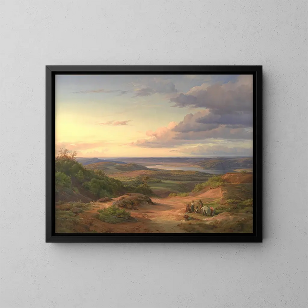 Ett landskap nära Himmelbjerget, Jylland. I förgrunden, en romsk familj. - Louis Gurlitt — inramlat konstverk på väggen