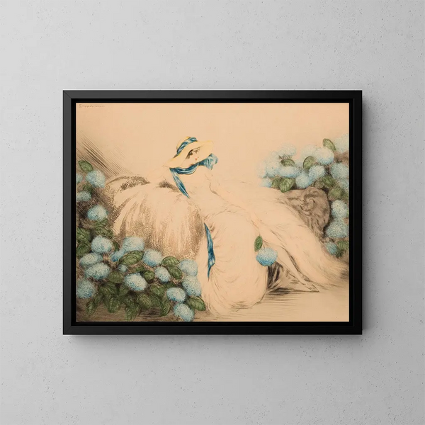 Dame aux fleurs bleues - Louis Icart — inramlat konstverk på väggen