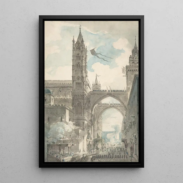 Louis Jean Desprez - View of the Portal and Principal Entrance of the Cathedral of Palermo during the Festival of Sta Rosalia.webp