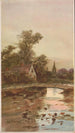Pont sur un ruisseau avec un cottage et une église en arrière-plan - Louis Kinney Harlow — vy av konstverket