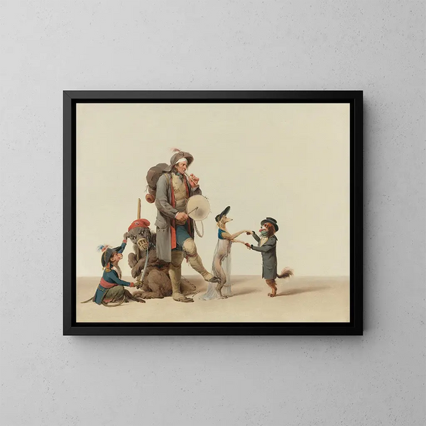 La pièce curieuse: un dresseur d'animaux avec des chiens dansants, un ours et un singe - Louis Léopold Boilly — inramlat konstverk på väggen