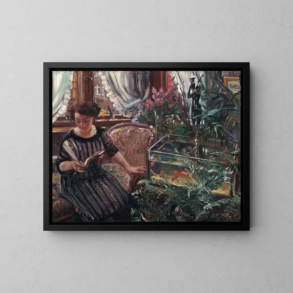 Dame au bassin de poissons rouges - Lovis Corinth — inramlat konstverk på väggen