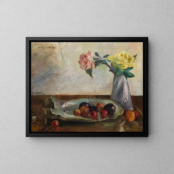 stilleben med blommor i en vas, ett snäckskal och frukt - Lovis Corinth — inramlat konstverk på väggen
