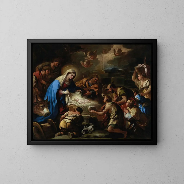L'Adoration des bergers - Luca Giordano — inramlat konstverk på väggen
