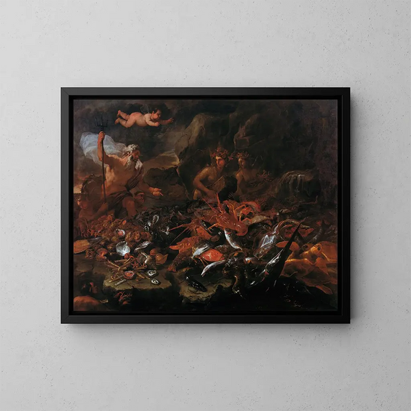 havets rikedomar med Neptunus, tritoner och två nymfer - Luca Giordano — inramlat konstverk på väggen