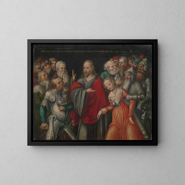 Le Christ et la femme adultère - Lucas Cranach le Jeune — inramlat konstverk på väggen