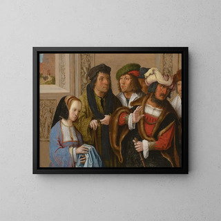 La femme de Potiphar montre à son mari le manteau de Joseph, en arrière-plan Joseph est emmené en prison. - Lucas van Leyden — inramlat konstverk på väggen