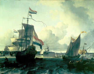 det nederländska skeppet De Gouden Leeuw på floden Y nära Amsterdam - Ludolf Bakhuizen — vy av konstverket