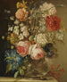En stilleben med rosor, en påsklilja och andra blommor i en glasvas på en stenbänk - Ludovico Stern — vy av konstverket