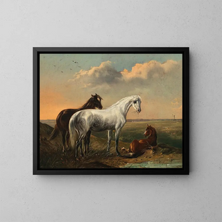 Ludwig Kbler - A white horse and a bay horse in a puszta landscape.webp