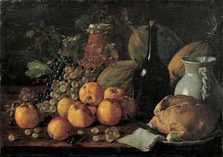 Luis Melndez - Still Life with Apples Grapes Melons Bread Jug and Bottle.webp