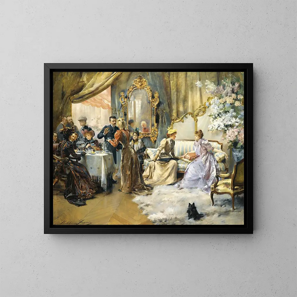 Le Goûter au salon du peintre - Madeleine Jeanne Lemaire — inramlat konstverk på väggen