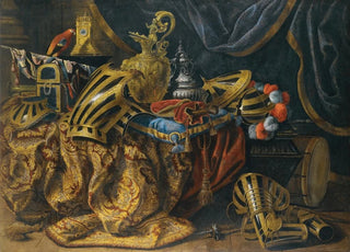 Madeleine de Boulogne - Pieces Of Parade Armour A Plumed Helmet A Pistol In A Case A Gilt Ewer A Silver Perfume Burner A Jewellery Box A Trumpet And A Flag On A Cassone.webp