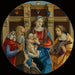 Madone och barn med en manlig helgon, Catherine av Alexandria, och en donator - Michelangelo di Pietro Membrini — visat i en interiör