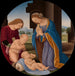 Madonna som dyrkar barnet med det heliga barnet Jean-Baptiste och en ängel - Lorenzo di Credi — visat i en interiör