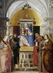 Jungfru Maria med barnet med helgonen Katarina, Franciskus av Assisi, Johannes Döparen, Johannes Evangelist, Antoni av Padua och Maria Magdalena - Marcello Fogolino — vy av konstverket