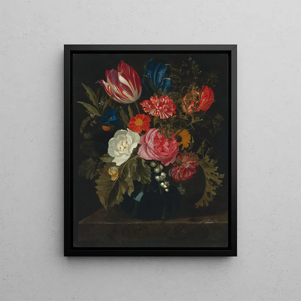 Maria van Oosterwijck - Still Life Of Roses Carnations A Tulip And Other Flowers In A Glass Vase.webp