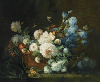stilleben med blommor, pioner, iris, hortensior i en kopparkanna, en skalbagge och fjärilar - Marie Beloux Hodieux — vy av konstverket