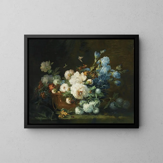 stilleben med blommor, pioner, iris, hortensior i en kopparkanna, en skalbagge och fjärilar - Marie Beloux Hodieux — inramlat konstverk på väggen