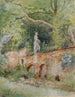 Pont en briques med en figur i sten Mödling - Marie Egner — vy av konstverket