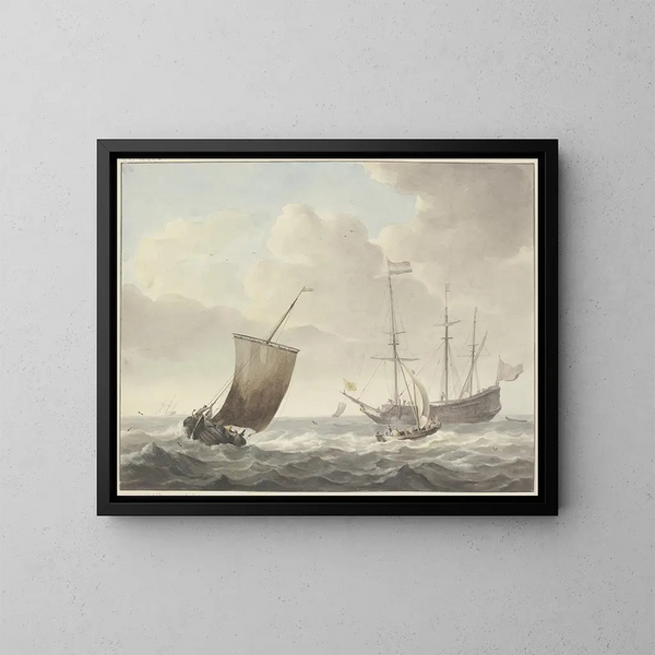 Mer agitée avec des navires, drapeau jaune avec lion doré - Martinus Schouman — inramlat konstverk på väggen