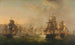 konfrontationen mellan den nederländska och brittiska flottan vid passage av den nederländska flottiljen i Boulogne 1804 - Martinus Schouman — vy av konstverket