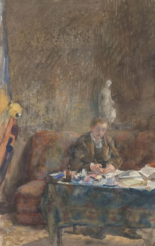 Martinus van Andringa - Interieur met schrijvende man op sofa achter tafel.webp