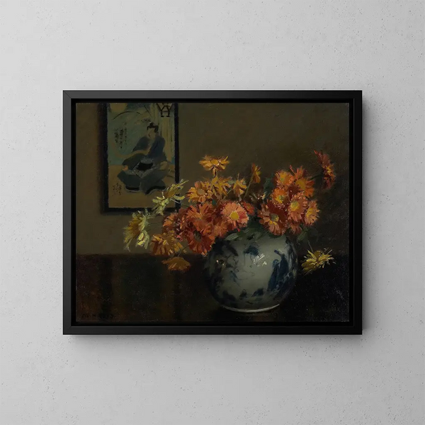 Chrysanthèmes, japanskt arrangemang - Mary Hiester Reid — inramlat konstverk på väggen