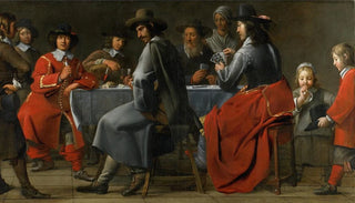 Master of the Procession - Gathering of Gamblers with HurdyGurdy Player.webp