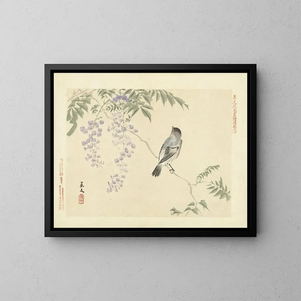 Wisteria japonaise et bouvreuil eurasiatique - Matsumura Keibun — inramlat konstverk på väggen
