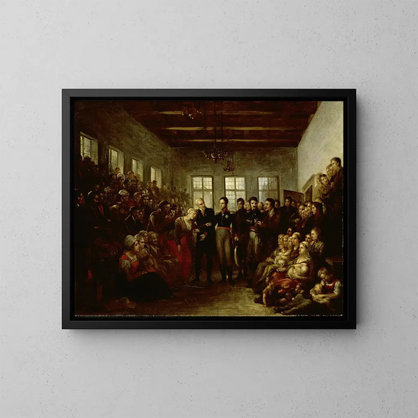 Prinsen av Orange som besöker offer för översvämningar på barnhemmet för kaplaner i Amsterdam den 14 februari 1825 - Mattheus Ignatius van Bree — inramlat konstverk på väggen