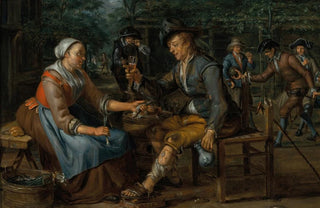 Matthijs Naiveu - A woman offering an onion and a herring to a young man holding a glass of beer others smoking and playing skittles behind them.webp