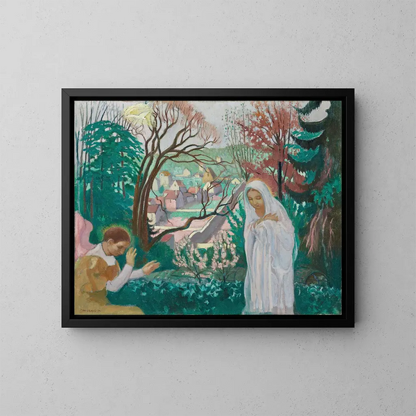Annunciation i vårträdgården - Maurice Denis — inramlat konstverk på väggen
