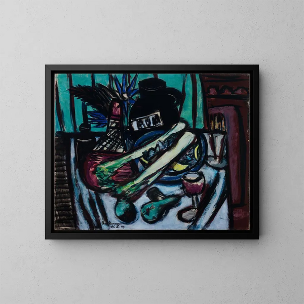 stilleben med Chianti-flaska och selleri - Max Beckmann — inramlat konstverk på väggen