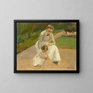 barnbarn och barnflicka som leker i trädgården - Max Liebermann — inramlat konstverk på väggen
