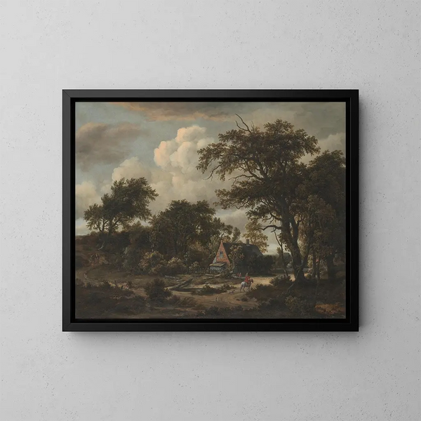 Landskapsbild med skog, stuga och ryttare - Meindert Hobbema — inramlat konstverk på väggen