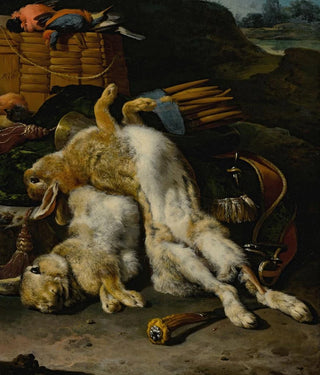 Melchior dHondecoeter - A Brace Of Rabbits And Small Birds With Hunting Equipment In A Landscape.webp
