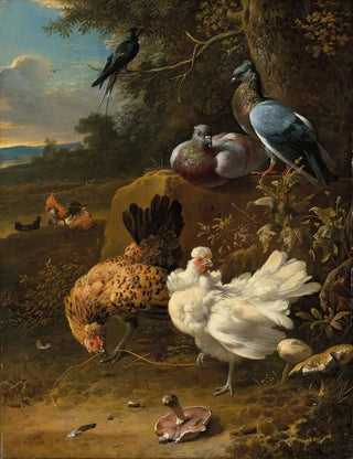 Melchior dHondecoeter - Chickens and pigeons in a landscape.webp